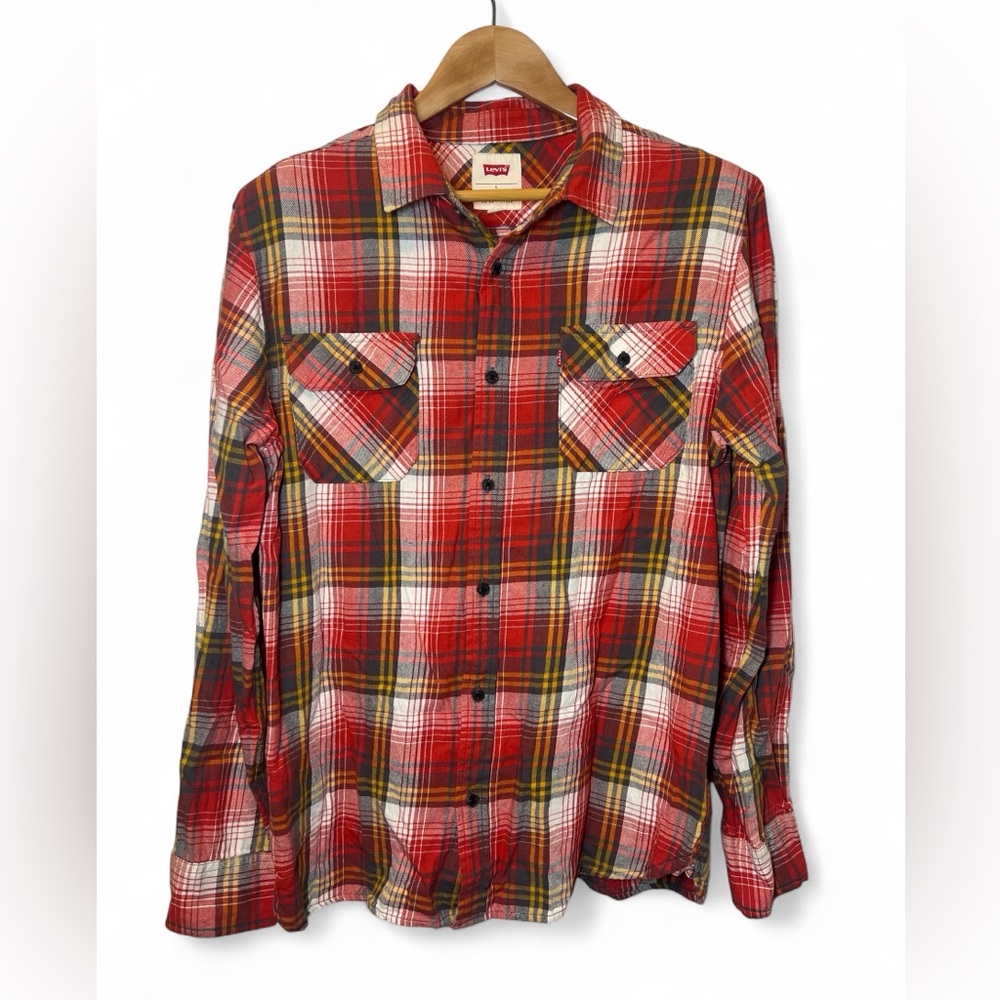 Levi's Flannel Western‎ Plaid Button Up Long Sleeve 100% Cotton Shirt Men Large